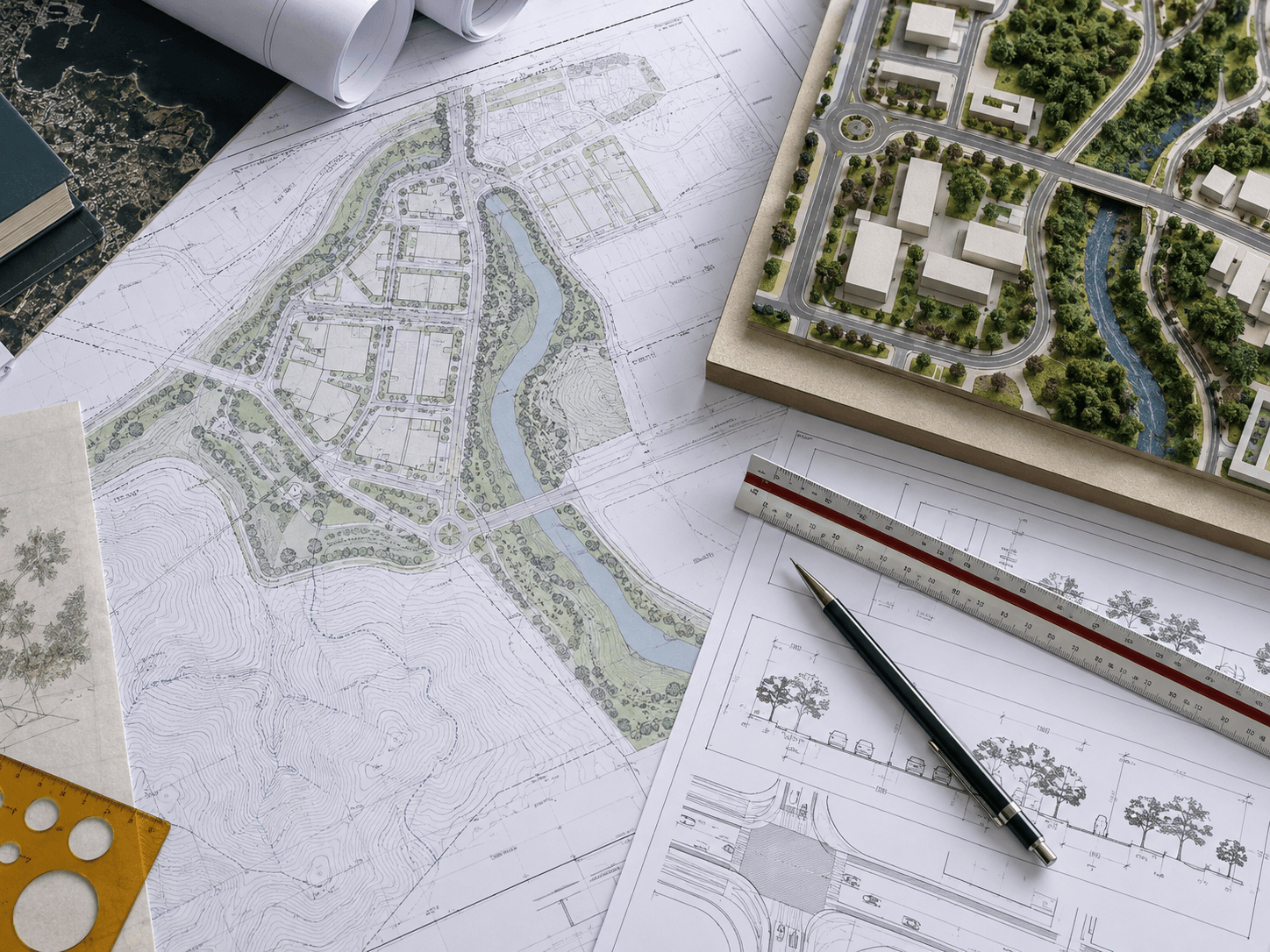 Plantas técnicas e maquete de planejamento urbano sustentável